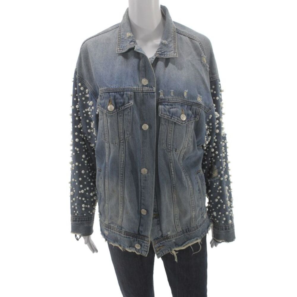 Sunset + Spring Womens Blue Cotton Pearl Button Long Sleeve Basic Jacket Size M